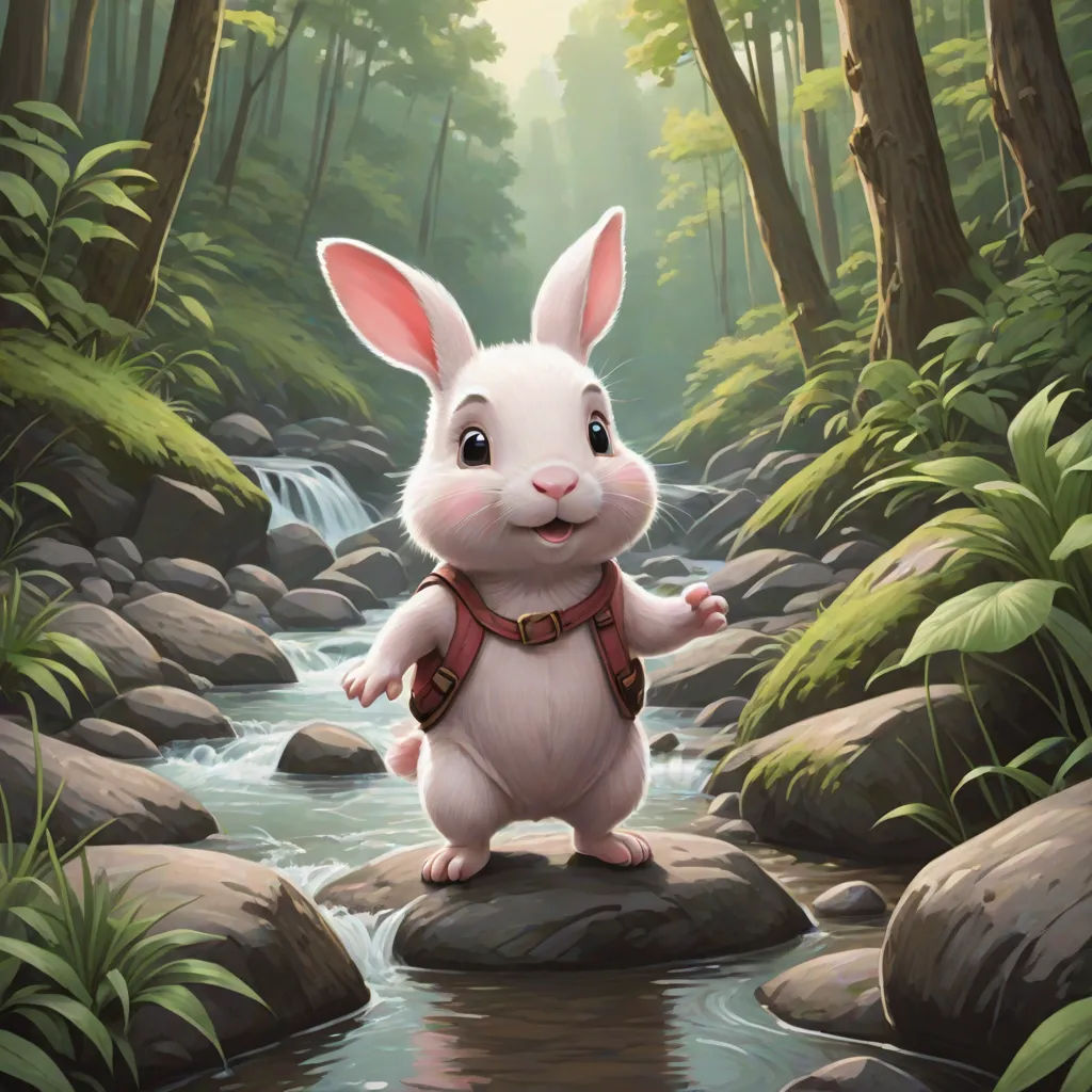 a cartoon bunny standing on a rock in a forest with a stream of water and trees in the background, fantasy art, a character portrait, Chris Rallis, magic the gathering artwork