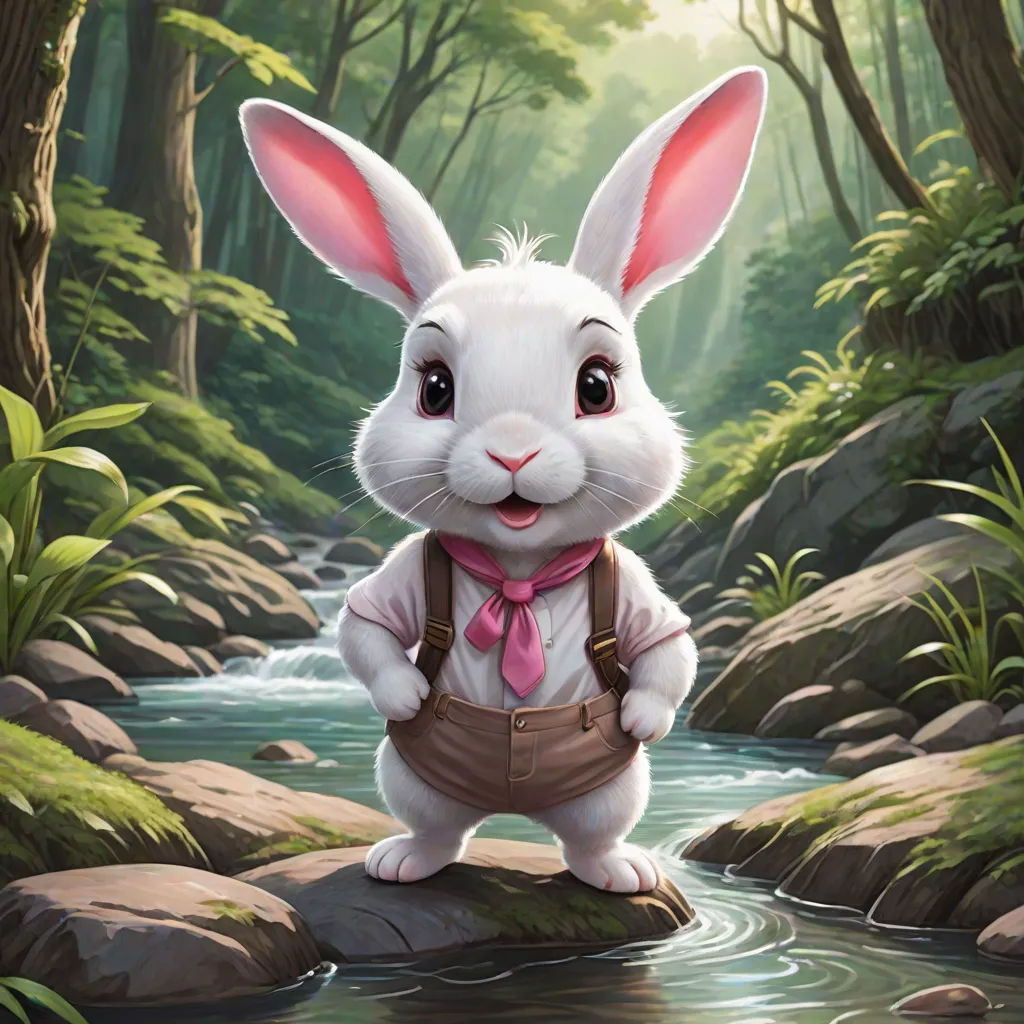 a white rabbit with a pink tie and suspenders standing on a rock in a forest with a stream, furry art, a character portrait, Clint Cearley, rossdraws global illumination