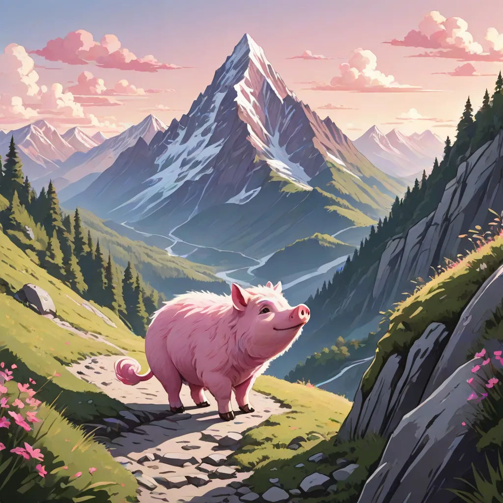 a pig is walking down a path in the mountains with a mountain range in the background and a pink sky, sots art, a storybook illustration, Chris LaBrooy, official art