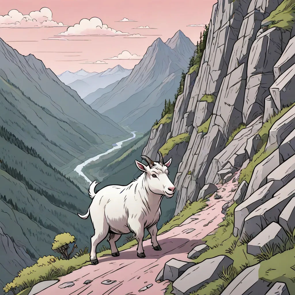 a goat standing on a path in the mountains with a pink sky in the background and a pink sky in the background, kitsch movement, a storybook illustration, Chris LaBrooy, storybook illustration