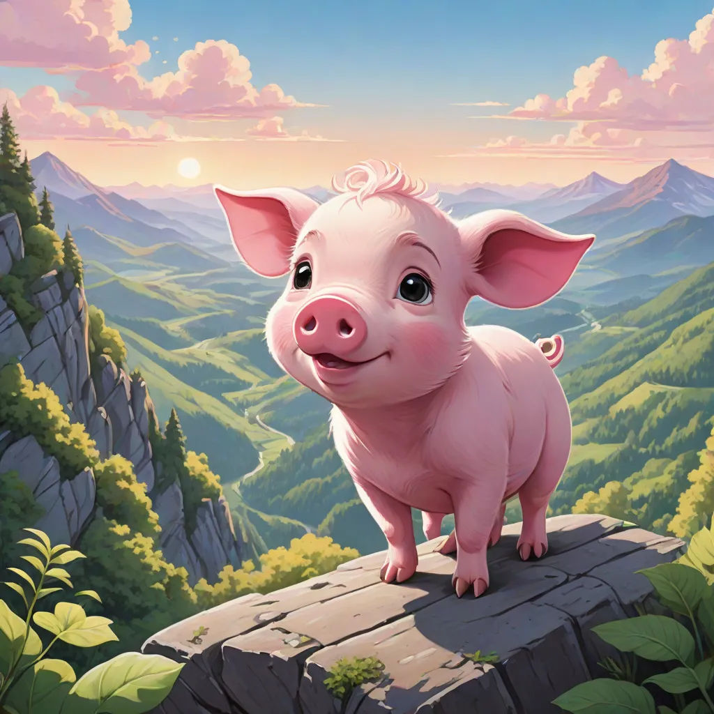 a pig standing on a rock in the mountains with a sunset in the background and a pink sky with clouds, sots art, a storybook illustration, Aaron Jasinski, official art