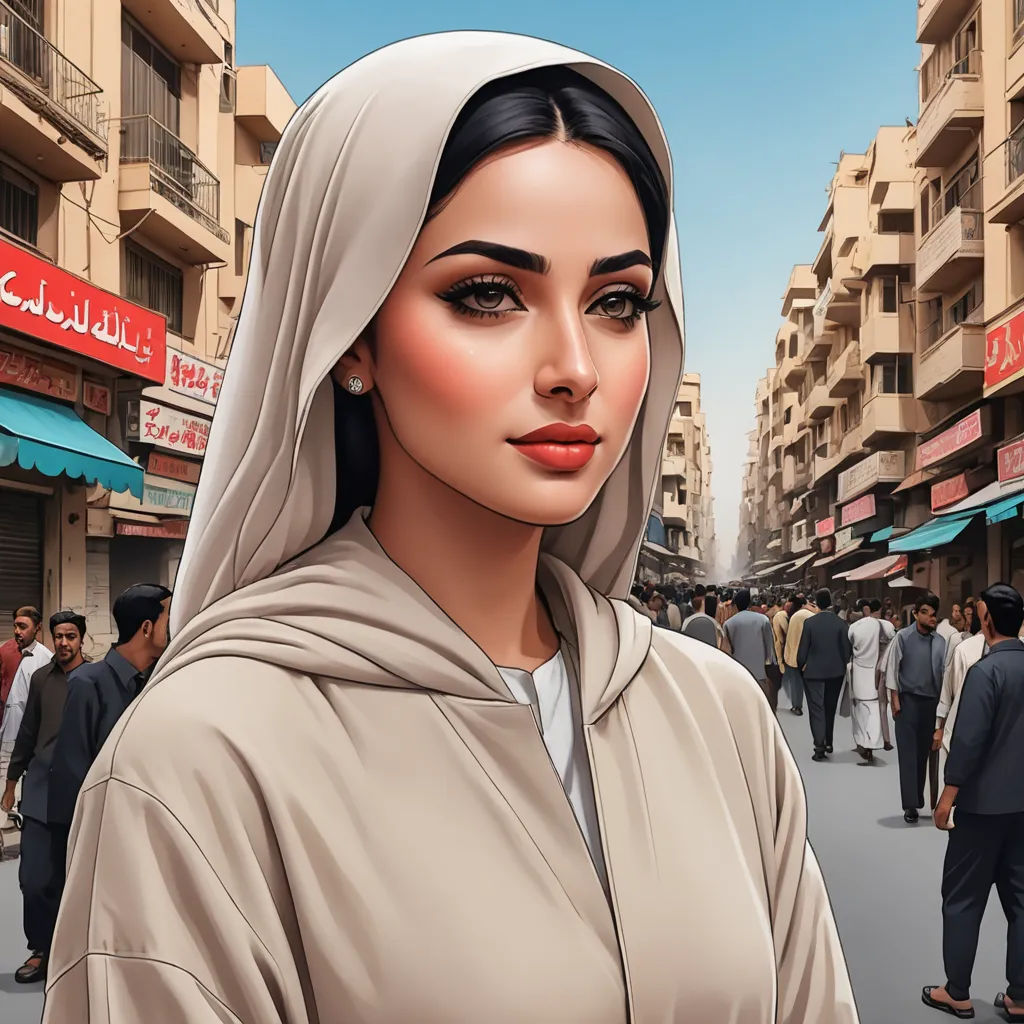 a woman in a beige outfit is standing in a crowded street with people in the background and a building with a sign that says,, serial art, a digital painting, Amir Zand, highly detailed digital painting