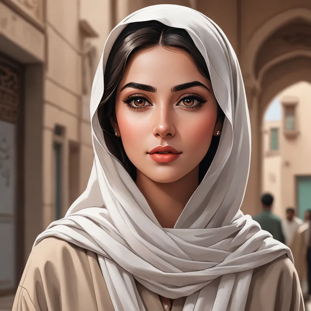 a woman in a white shawl is standing in a street with people walking around her and looking at the camera, fantasy art, a digital painting, Charlie Bowater, highly detailed digital painting