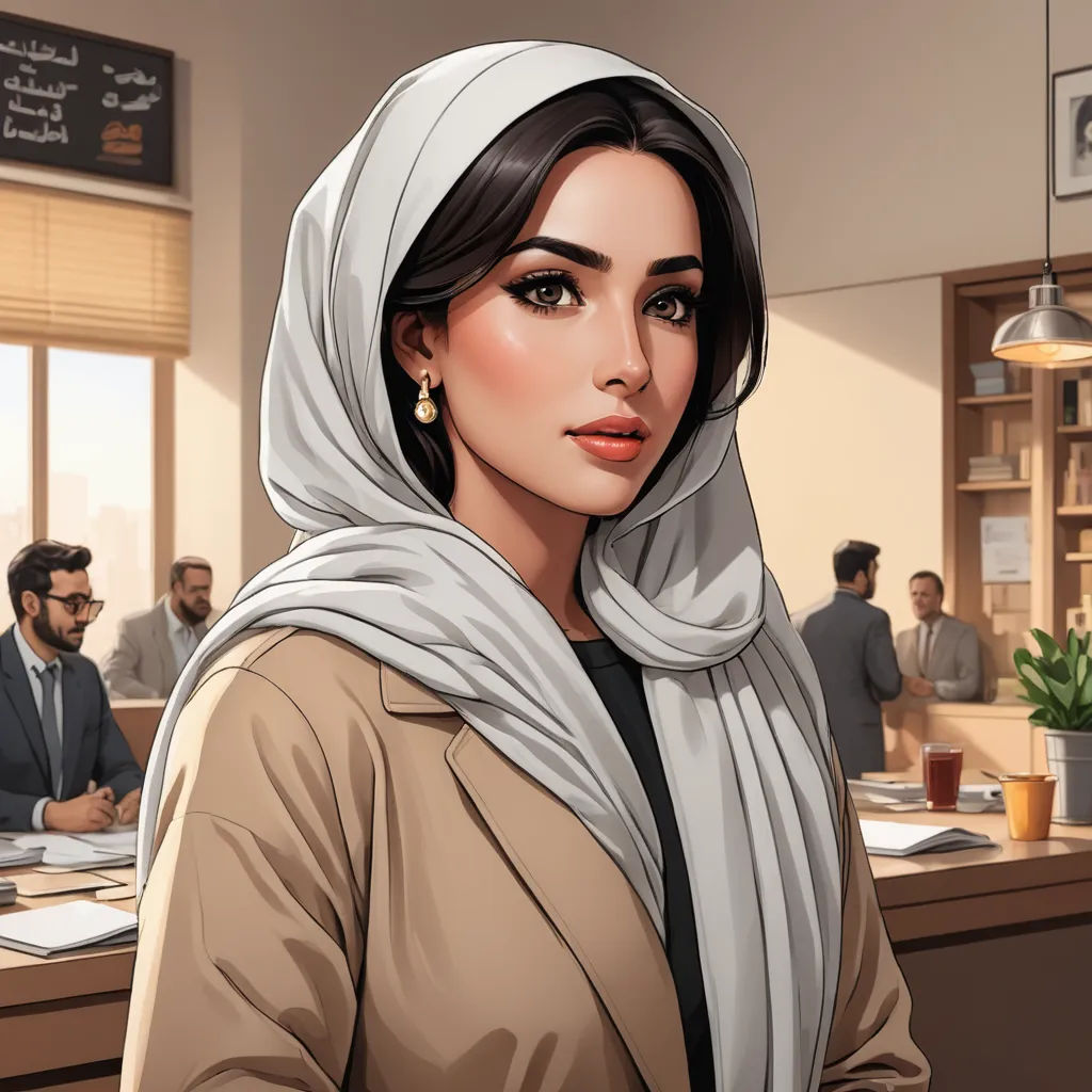 a woman in a headscarf is standing in a room with people in the background and a man in a suit is sitting at a desk, serial art, a character portrait, Ambreen Butt, game art