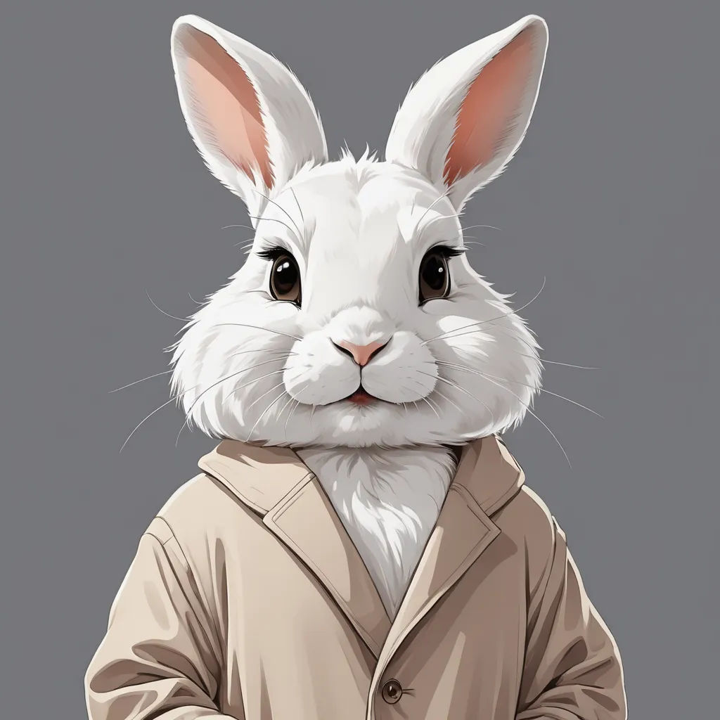 a white rabbit wearing a suit and tie with his hands in his pockets and his face slightly hidden behind the rabbit, furry art, a character portrait, Clarice Beckett, trending on art station