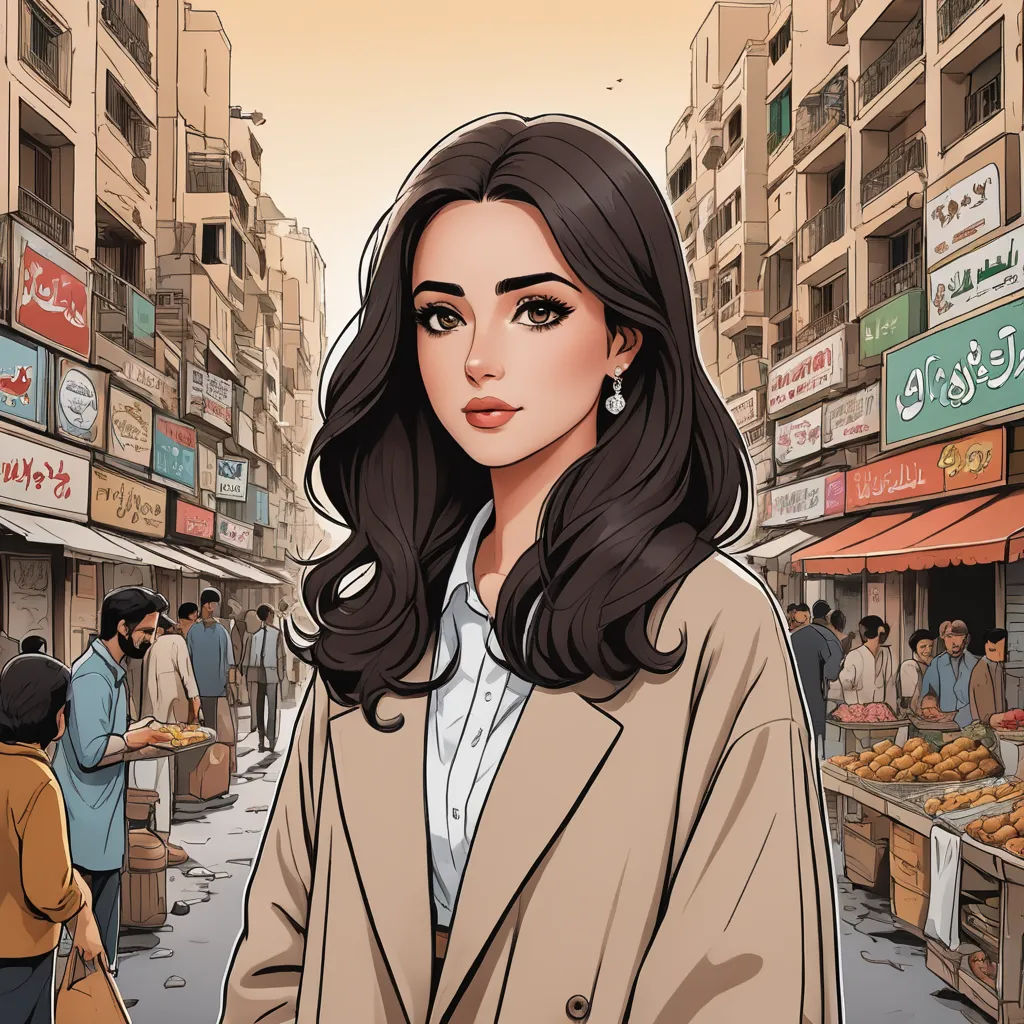 a woman in a brown coat standing in a street with a market in the background and people walking around, serial art, a comic book panel, Amir Zand, city background