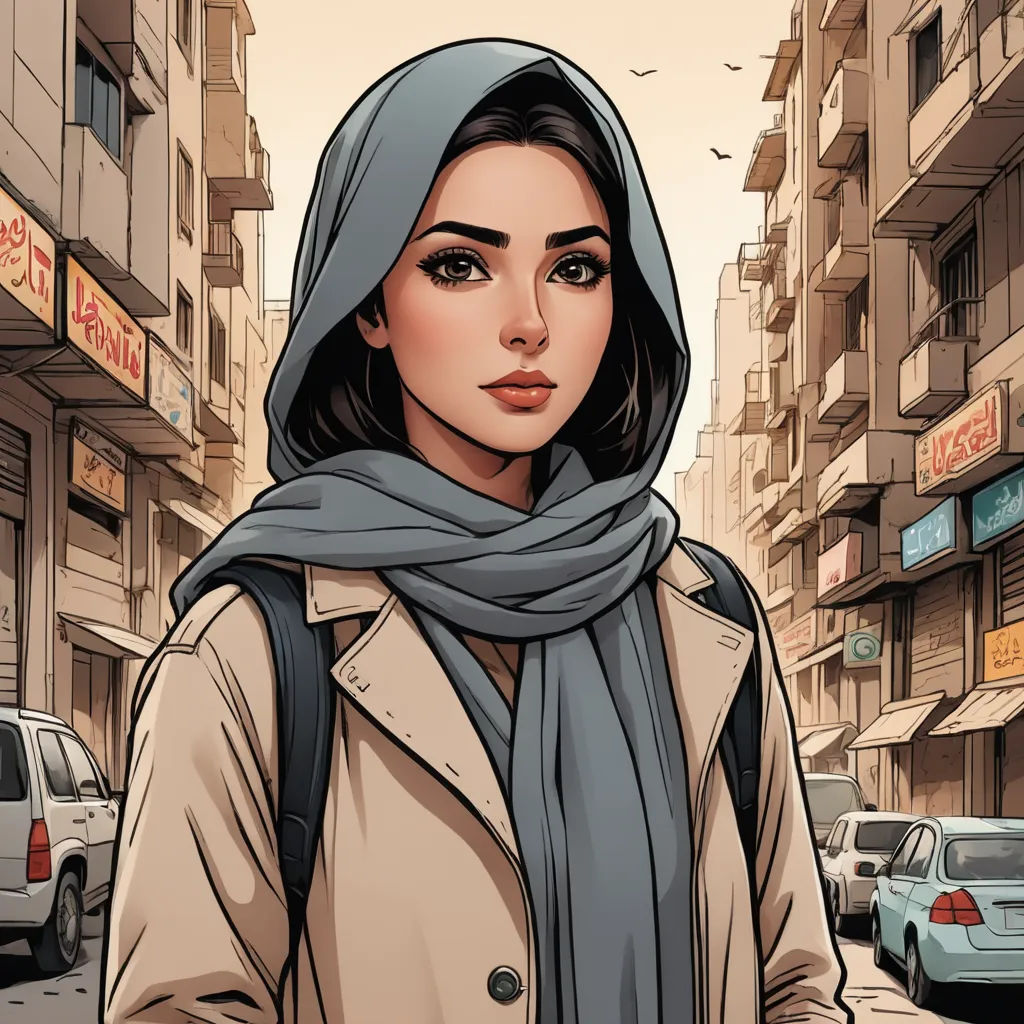 a woman in a scarf is walking down the street in a city with cars and buildings on either side, aestheticism, a comic book panel, Amir Zand, comic cover art
