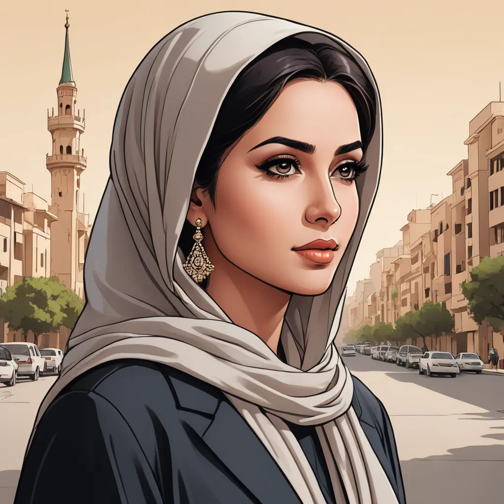 a woman in a headscarf is standing on a street corner in a city with tall buildings and a clock tower, serial art, a character portrait, Altoon Sultan, game art