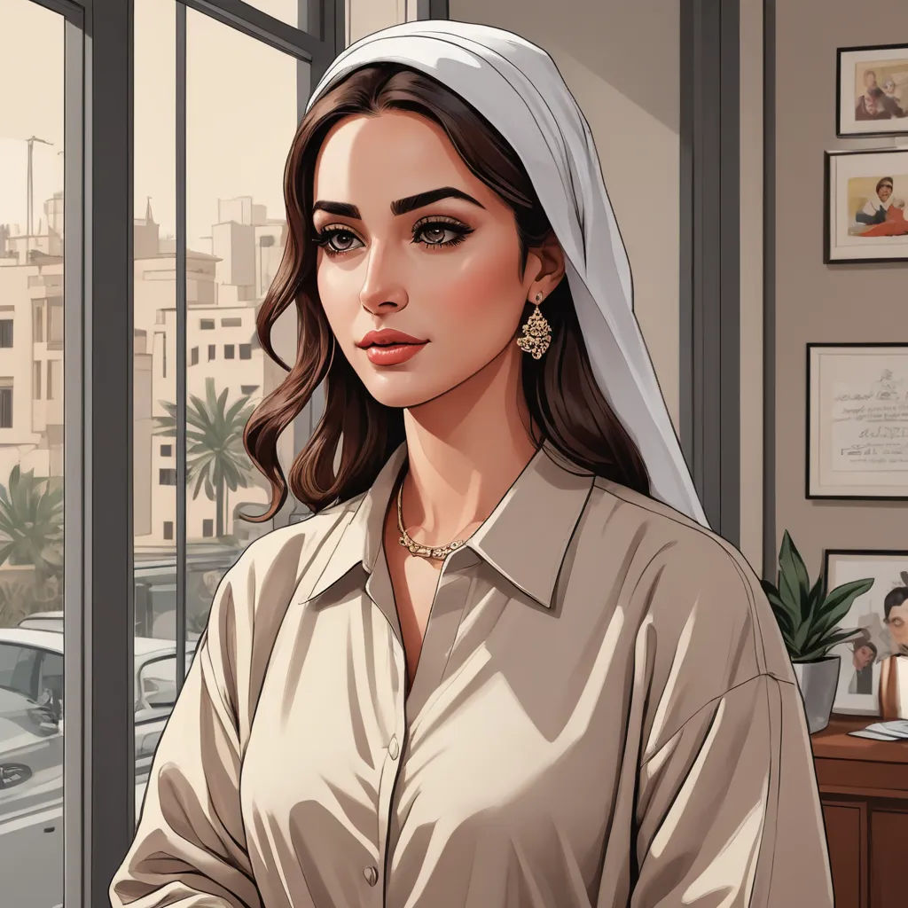 a woman in a beige shirt and a white head scarf is standing in front of a window with a city view, sots art, a character portrait, Altoon Sultan, game art