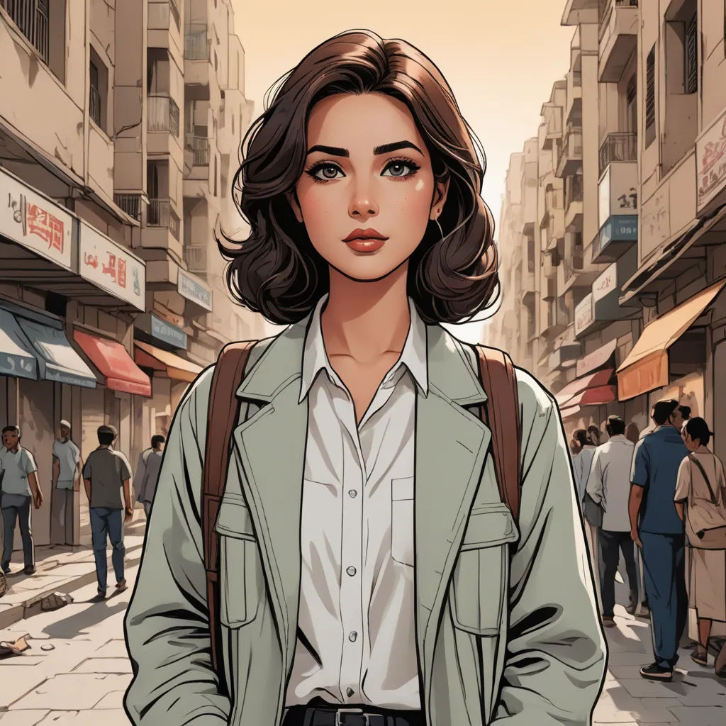 a woman standing in a street with a backpack on her back and people walking around her on the sidewalk, serial art, a comic book panel, Artgerm, graphic novel