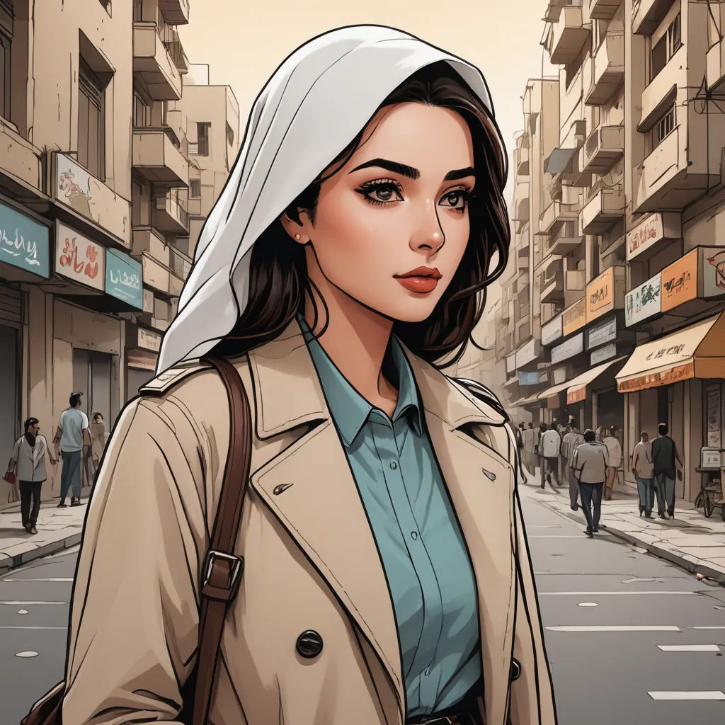 a woman in a trench coat is walking down the street with a backpack on her shoulder and a man in a blue shirt is walking down the street, serial art, a comic book panel, Elina Karimova, comic cover art