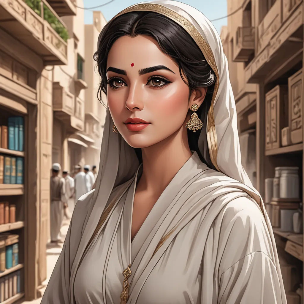 a woman in a veil and headdress in a street with bookshelves and people in the background, fantasy art, a character portrait, Charlie Bowater, beautiful detailed