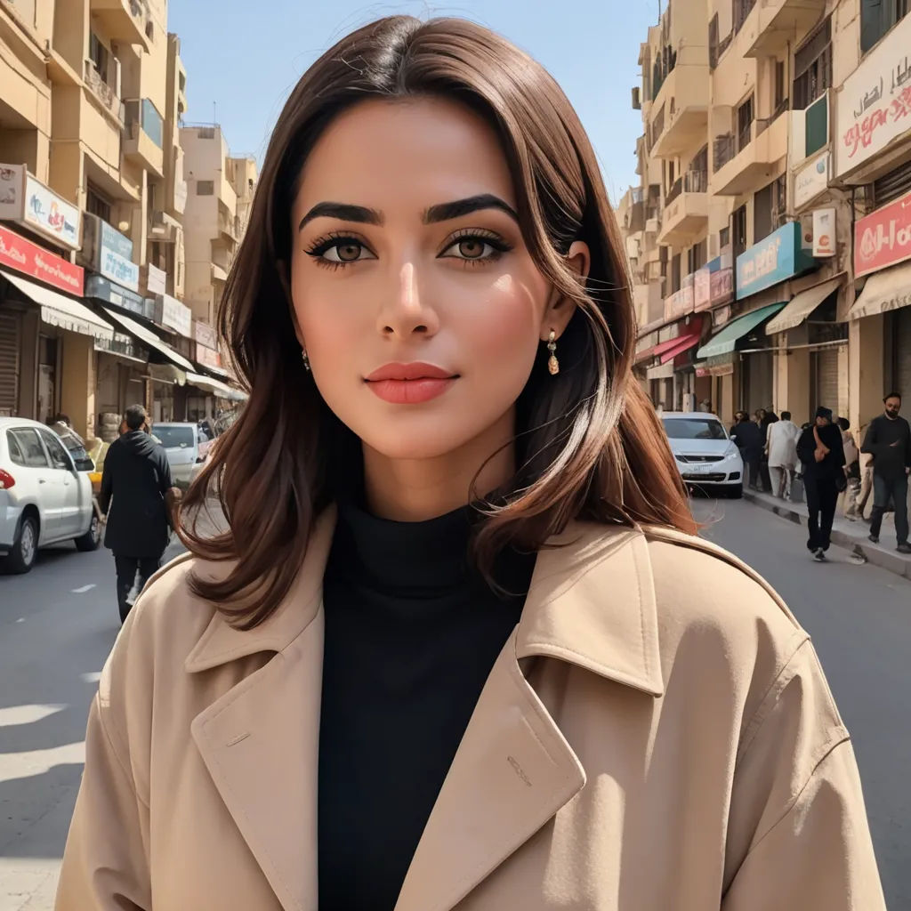 a woman in a tan coat is standing on a street corner with cars and buildings in the background and a woman with a black turtle neck top is looking at the camera, aestheticism, a picture, Elina Karimova, beautiful face
