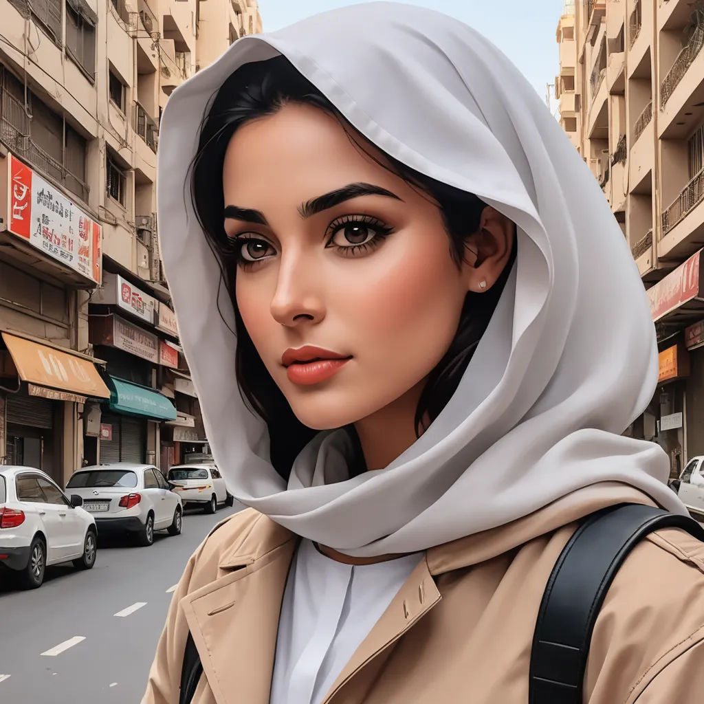 a woman with a headscarf on a city street with cars and buildings in the background, wearing a tan trench coat, digital art, a digital painting, Artgerm, ultra realistic digital art