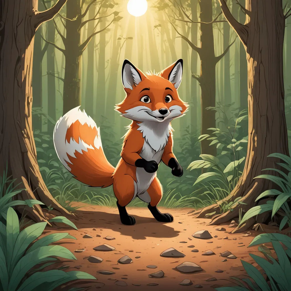 a fox is running through a forest with a sun shining through the trees behind it and a trail leading to it, furry art, a storybook illustration, Cliff Childs, official art