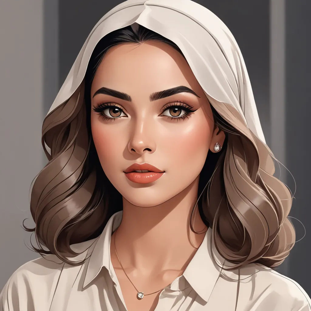 a woman with a white shirt and a white head scarf on her head and a necklace on her neck, computer art, a detailed painting, Elina Karimova, realistic shaded perfect face
