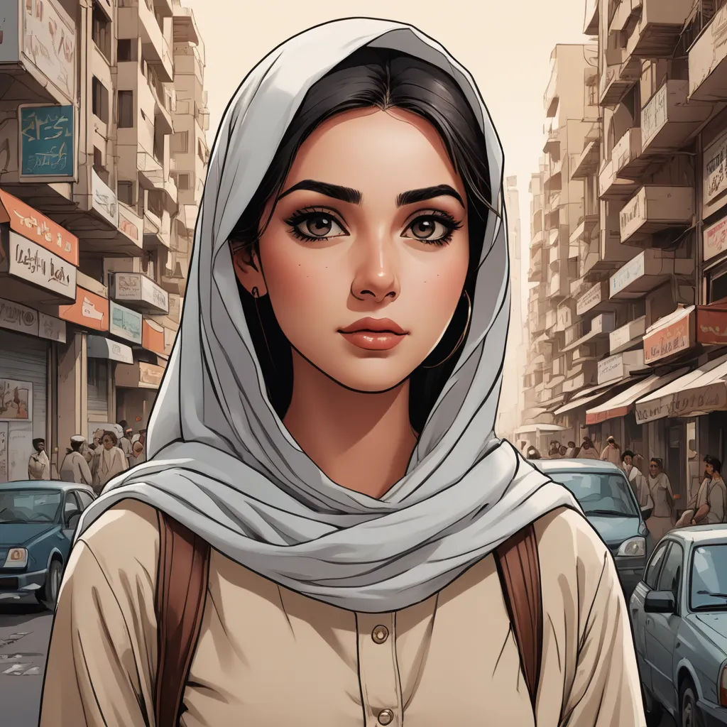 a woman in a headscarf is standing in the street with a city in the background and a car in the foreground, serial art, a character portrait, Amir Zand, comic cover art