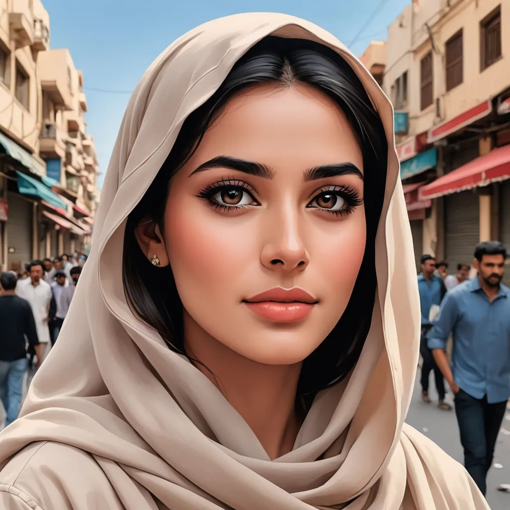 a woman with a headscarf on a city street with people walking around her and a man walking down the street, digital art, a digital painting, Amir Zand, highly detailed digital painting