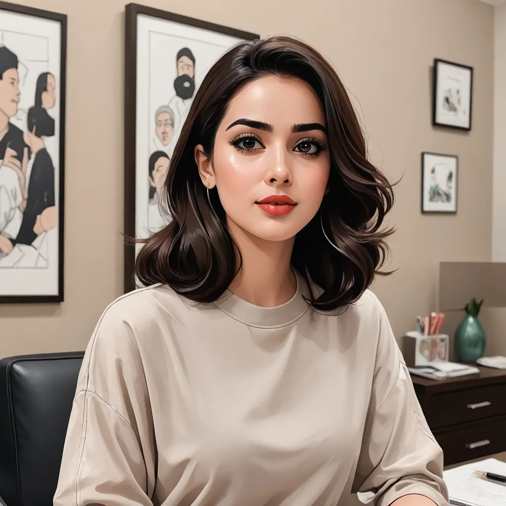 a woman sitting at a desk with a laptop computer in front of her and a picture of a man behind her, computer art, a photorealistic painting, Artgerm, highly detailed digital painting