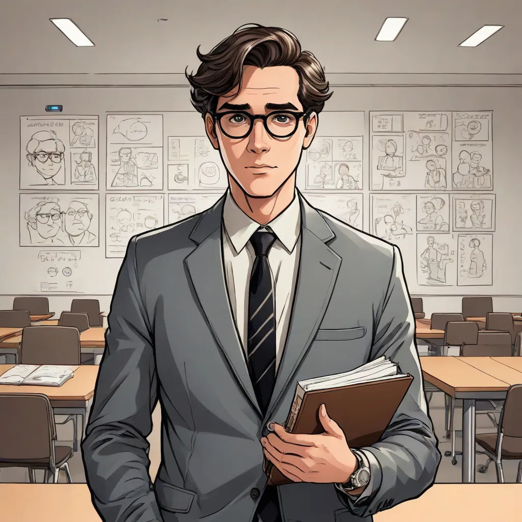 a man in a suit and tie holding a book in a classroom with desks and chairs in the background, academic art, a character portrait, Cedric Seaut (Keos Masons), official art