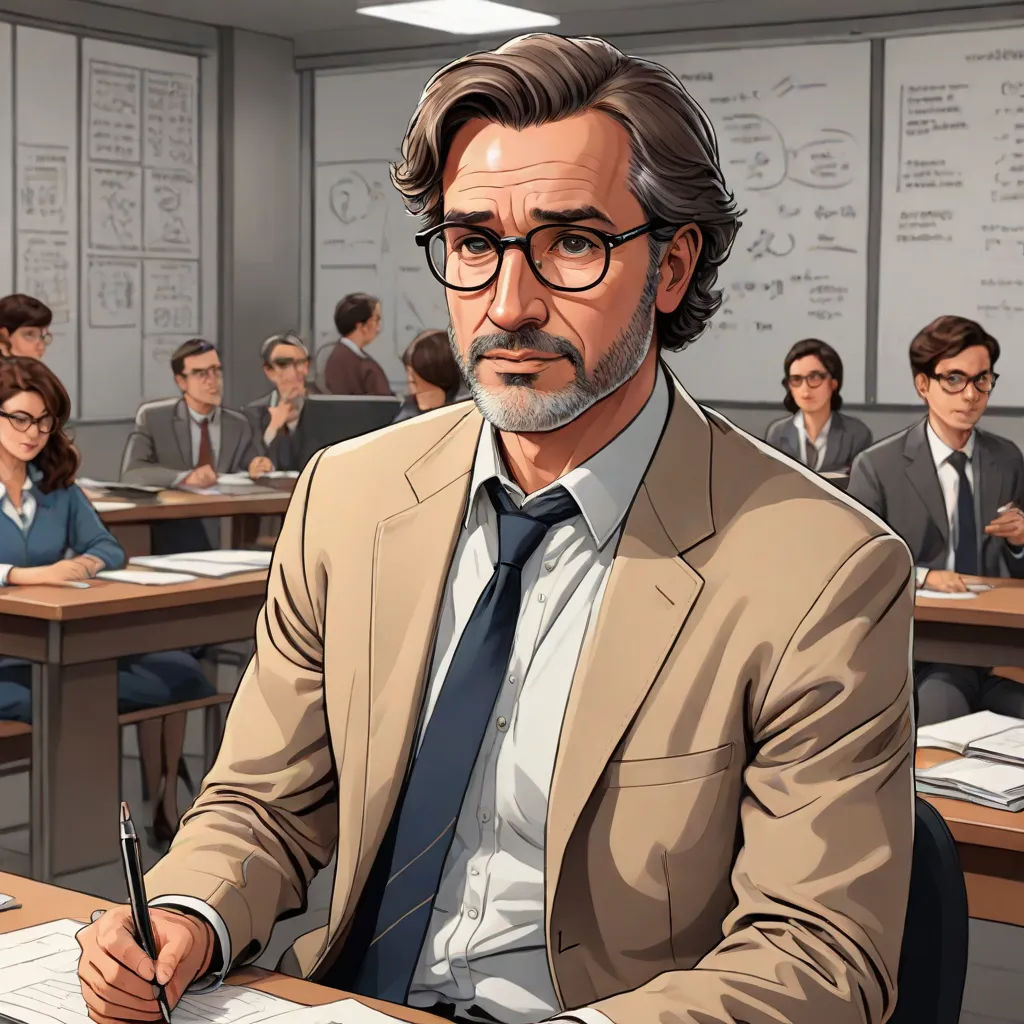 a man sitting at a desk in front of a group of people in a classroom with a pen and paper, academic art, a character portrait, Adam Manyoki, official art
