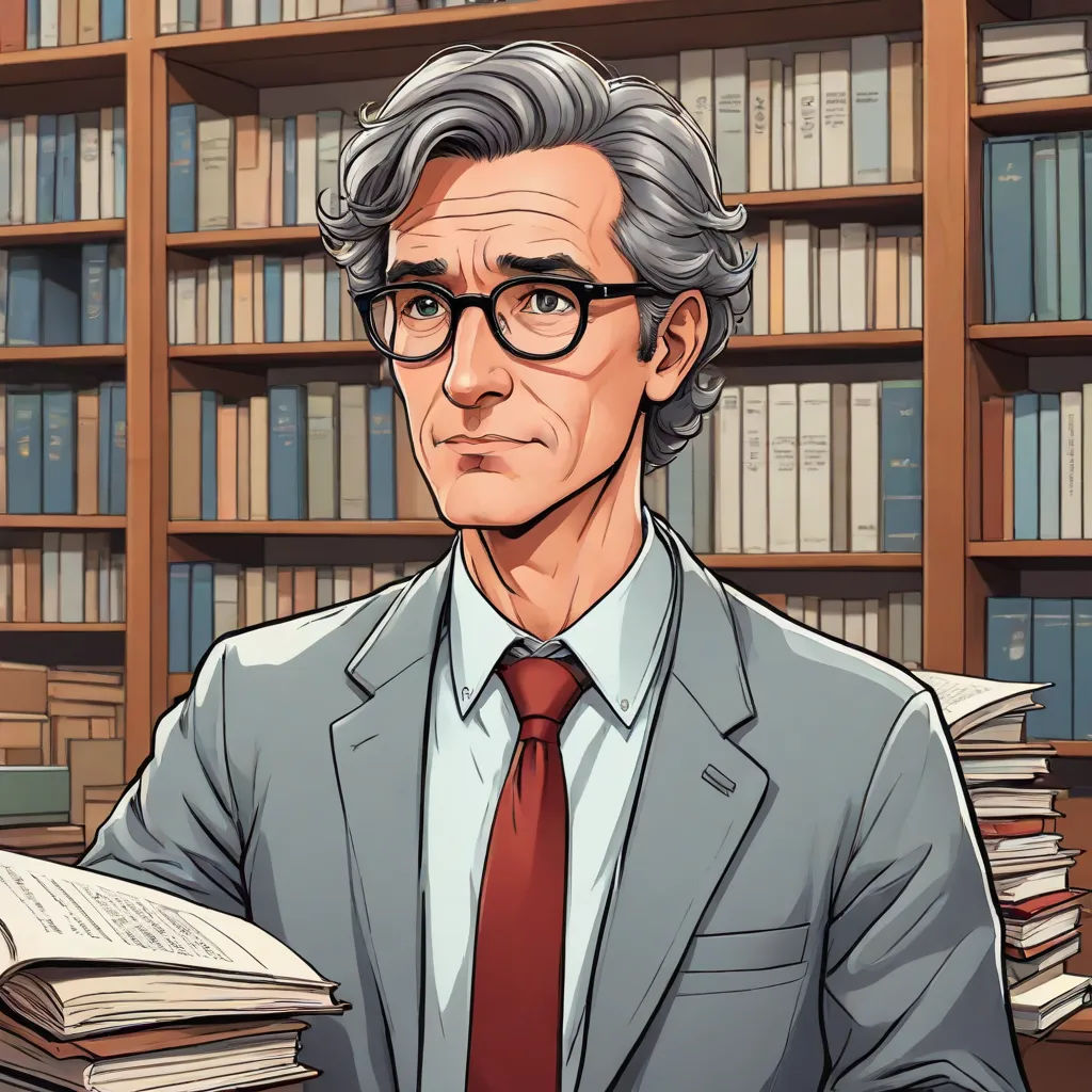 a man in a suit and tie standing in front of a bookcase with books on it and a book in his hand, academic art, a character portrait, Dean Roger, character portrait