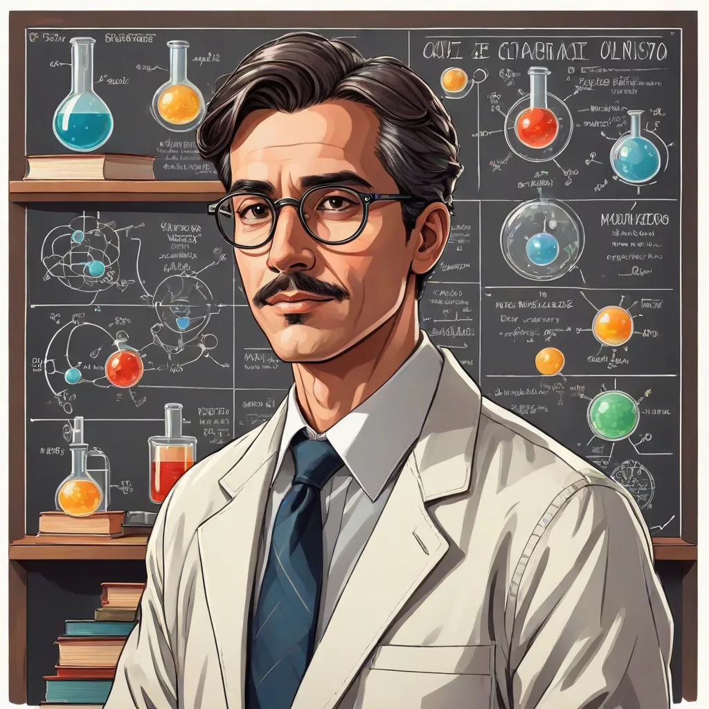 a man in a lab coat and tie standing in front of a chalkboard with a science theme on it, serial art, a character portrait, Diego Gisbert Llorens, character portrait