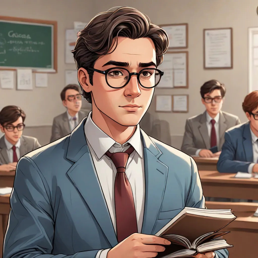 a man in a suit and tie holding a book in front of a classroom full of people in suits, sots art, a character portrait, Cedric Seaut (Keos Masons), official art
