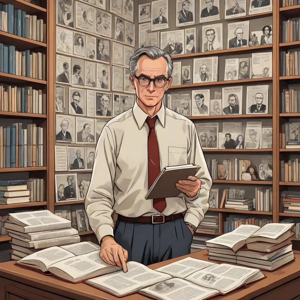 a man standing in front of a desk with a book on it and a lot of books on the shelves, academic art, a colorized photo, Farel Dalrymple, graphic novel