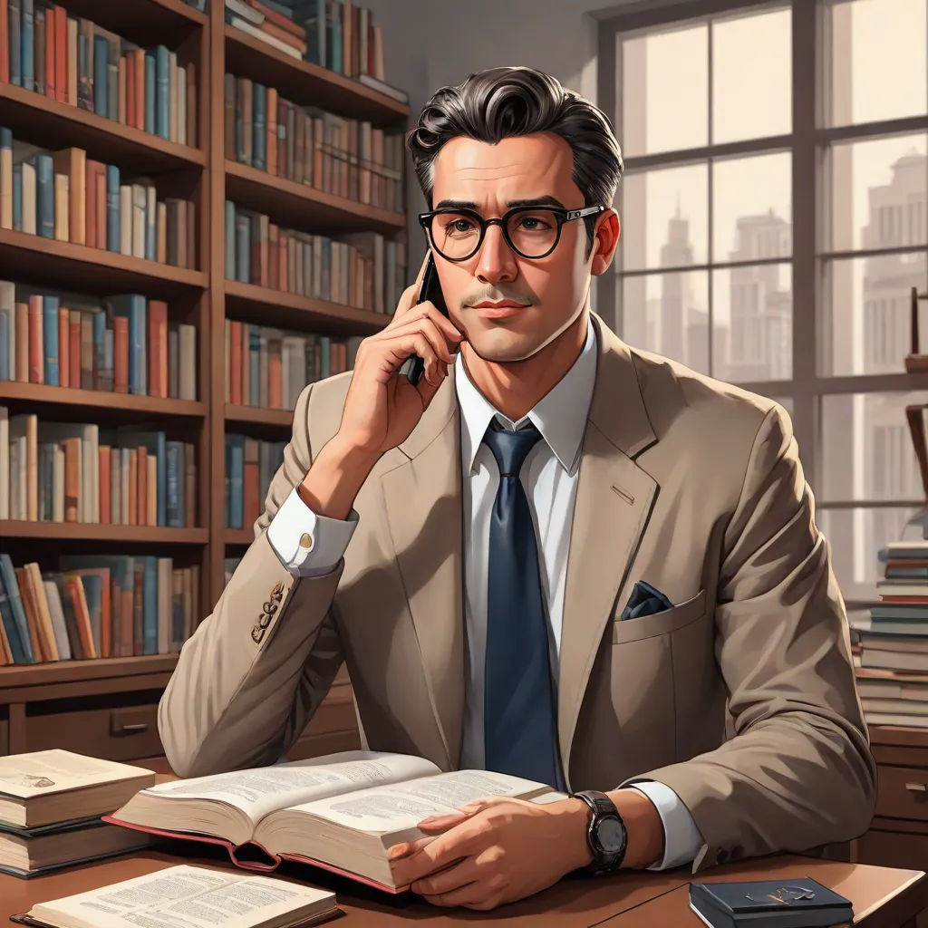 a man in a suit and tie sitting at a desk with a book and phone in front of him, academic art, a character portrait, Dean Roger, character portrait