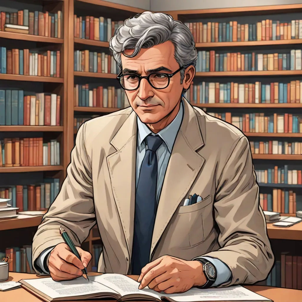 a man in a suit and tie sitting at a desk with a book and pen in front of him, academic art, a character portrait, Alan Pollack, official art
