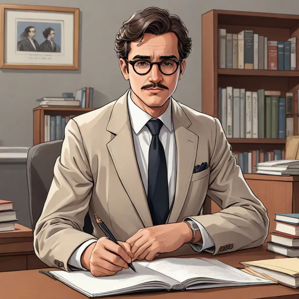 a man in a suit sitting at a desk with a book and pen in his hand and a book in front of him, academic art, a character portrait, Edmond Xavier Kapp, very detailed face