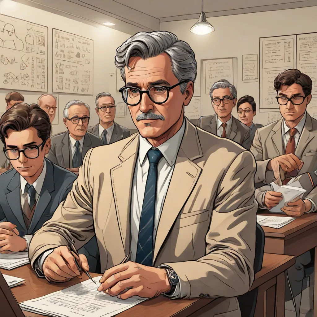a man sitting at a desk in front of a group of people in suits and ties, with a pen and paper in his hand, serial art, a comic book panel, Alson S. Clark, official art