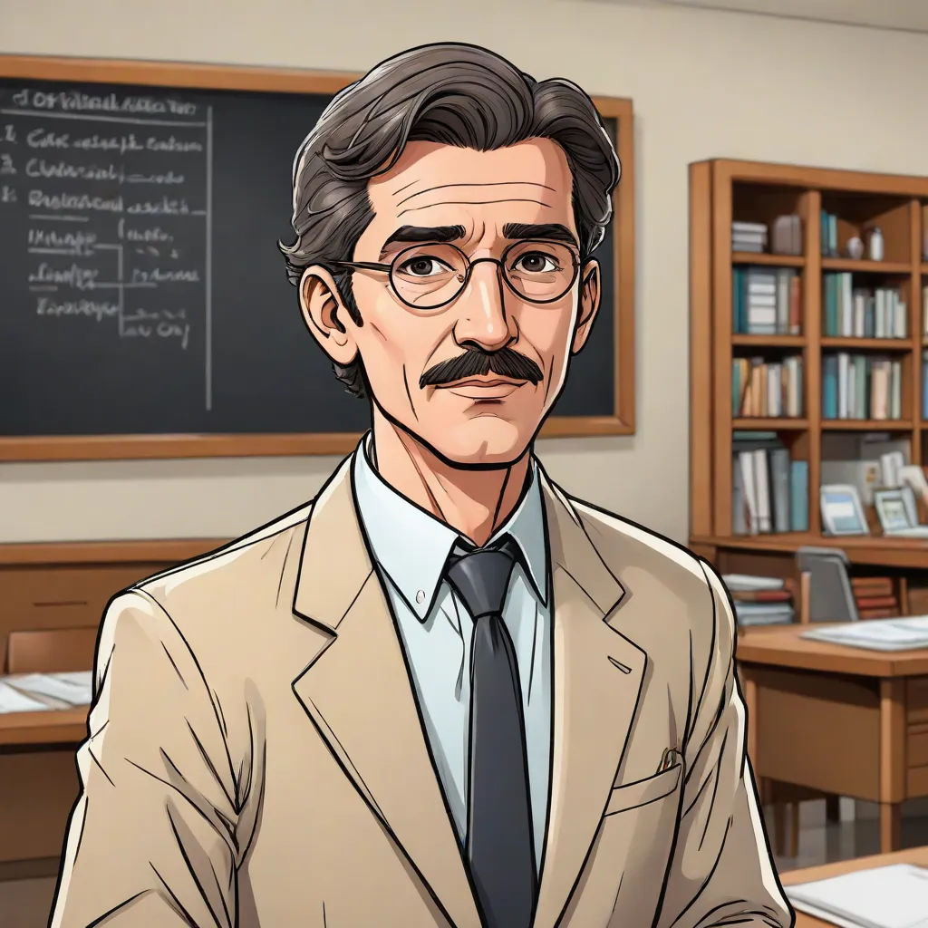 a cartoon of a man in a suit and tie in front of a chalkboard with a chalkboard on it, rayonism, a character portrait, Edmond Xavier Kapp, official art