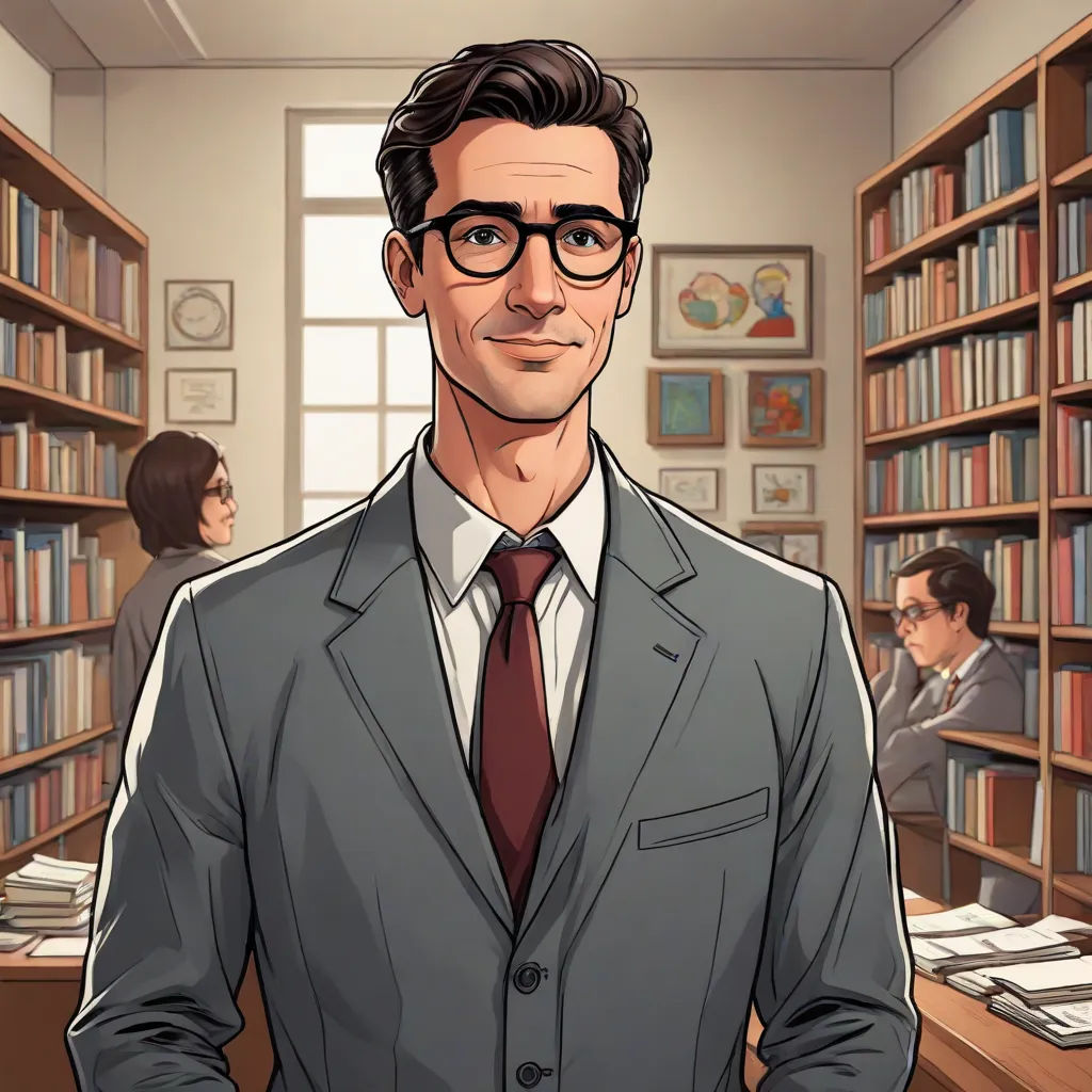 a man in a suit and tie standing in a library with a bookcase full of books and people, academic art, a character portrait, Edmond Xavier Kapp, official art