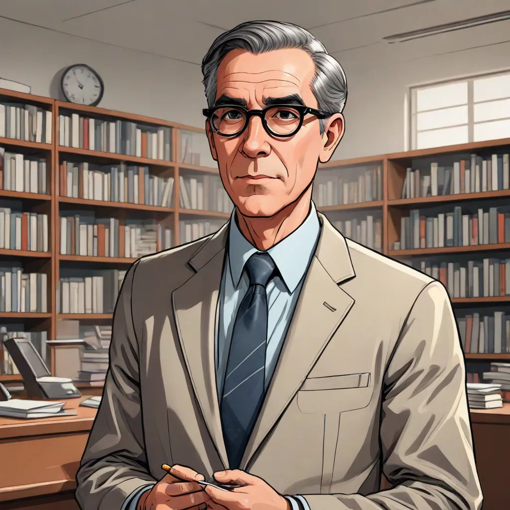 a man in a suit and tie standing in front of a library filled with books and a clock on the wall, academic art, a character portrait, Edmond Xavier Kapp, character portrait