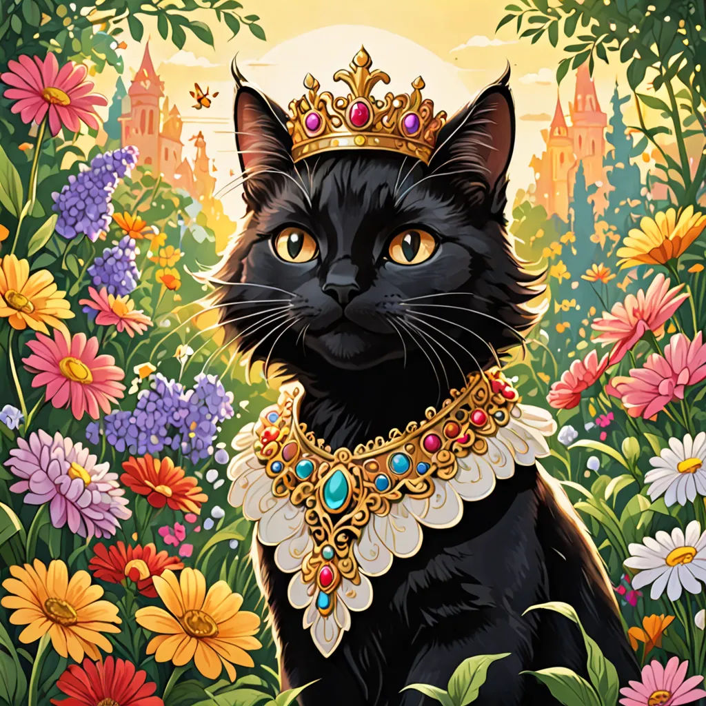 a black cat wearing a crown in a field of flowers with a sunset in the background and a castle in the background, fantasy art, an album cover, Chris LaBrooy, official art