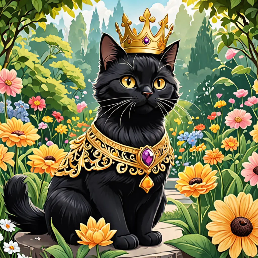 a black cat wearing a crown sitting in a garden of flowers and daisies with a gold chain around its neck, sots art, a storybook illustration, Charles Bird King, official art