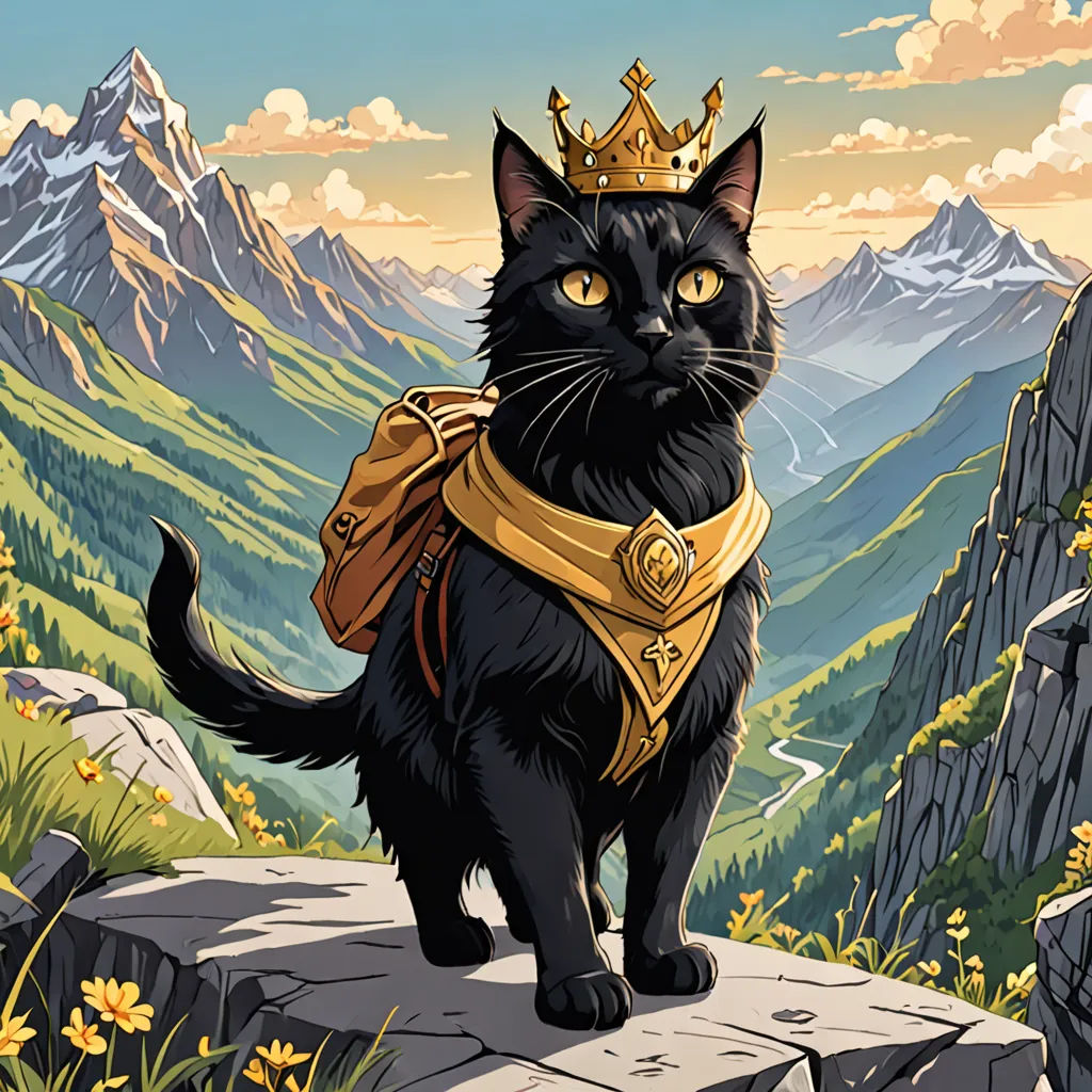 a black cat wearing a crown standing on a rock in the mountains with a mountain view in the background, fantasy art, a storybook illustration, Chris LaBrooy, official art