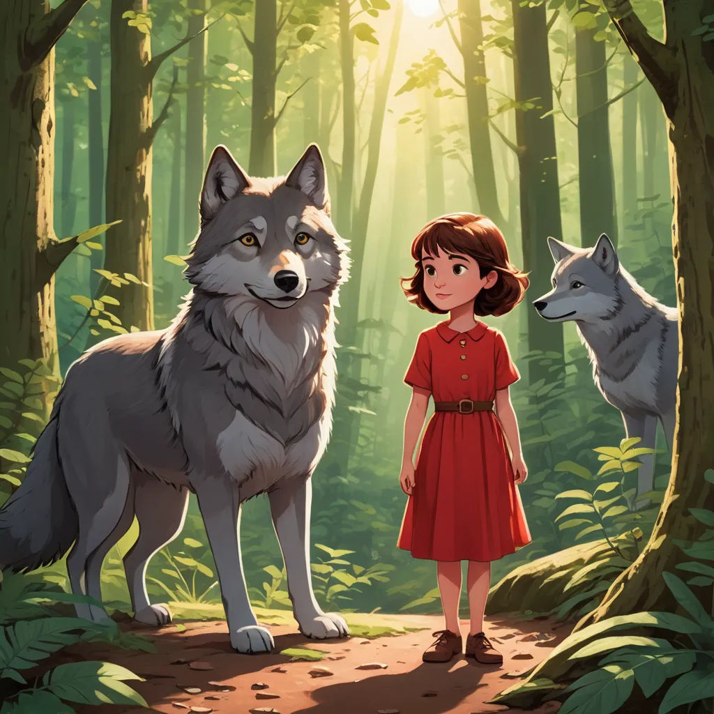 a girl standing in the woods with two wolfs behind her, looking at the camera, with a bright light shining on her, furry art, a storybook illustration, Diego Gisbert Llorens, official art