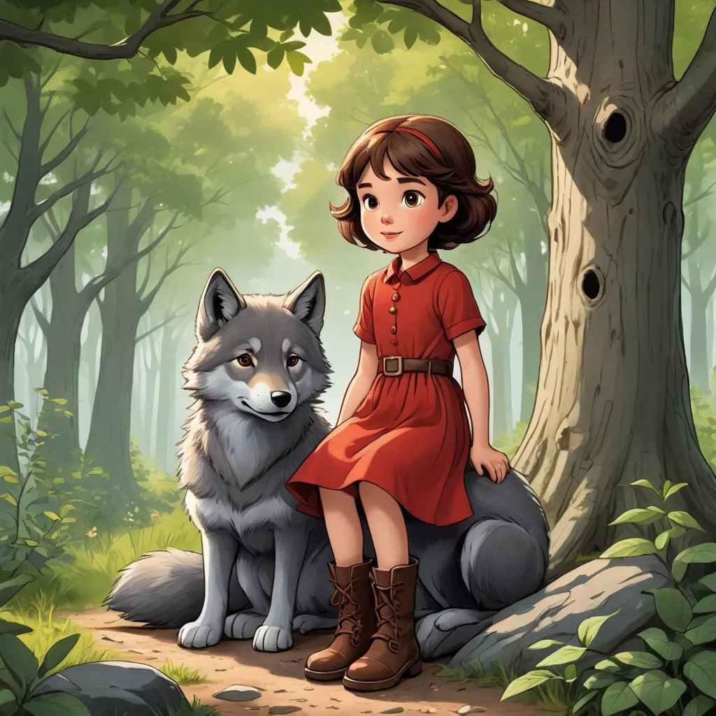 a girl in a red dress sitting on a wolf in a forest with a tree and a forest background, furry art, a storybook illustration, Clarice Beckett, storybook illustration