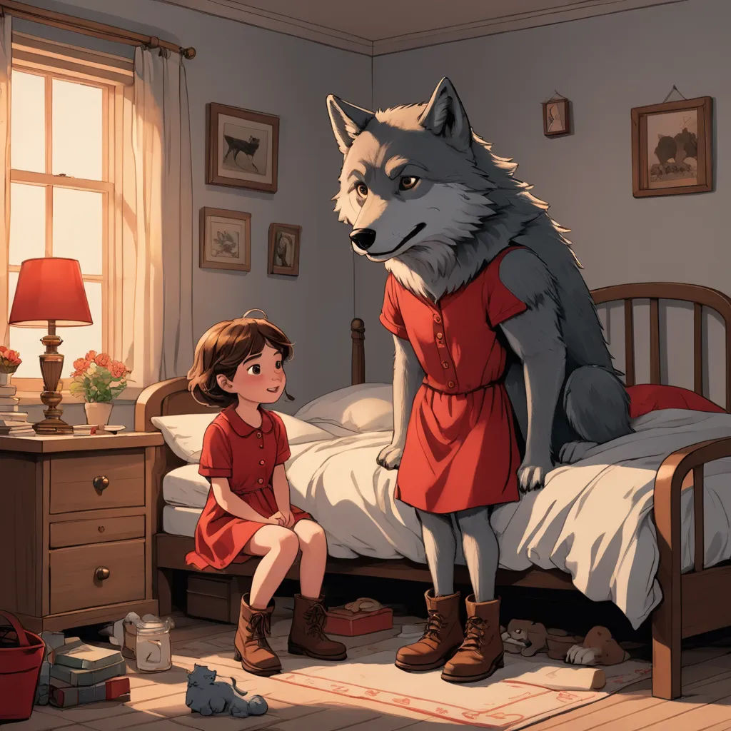a girl sitting on a bed next to a wolf in a bedroom with a bed and dressers and a window, furry art, a storybook illustration, Aaron Jasinski, storybook illustration