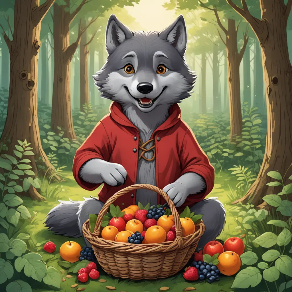 a wolf in a red jacket holding a basket of fruit in a forest with trees and bushes behind him, furry art, a storybook illustration, Aaron Jasinski, berries