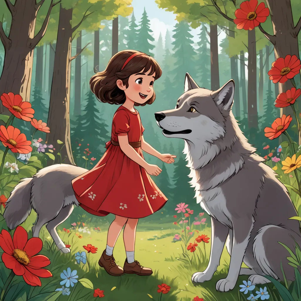 a girl in a red dress standing next to a wolf in a forest with flowers and trees around her, furry art, a storybook illustration, Clarice Beckett, storybook illustration