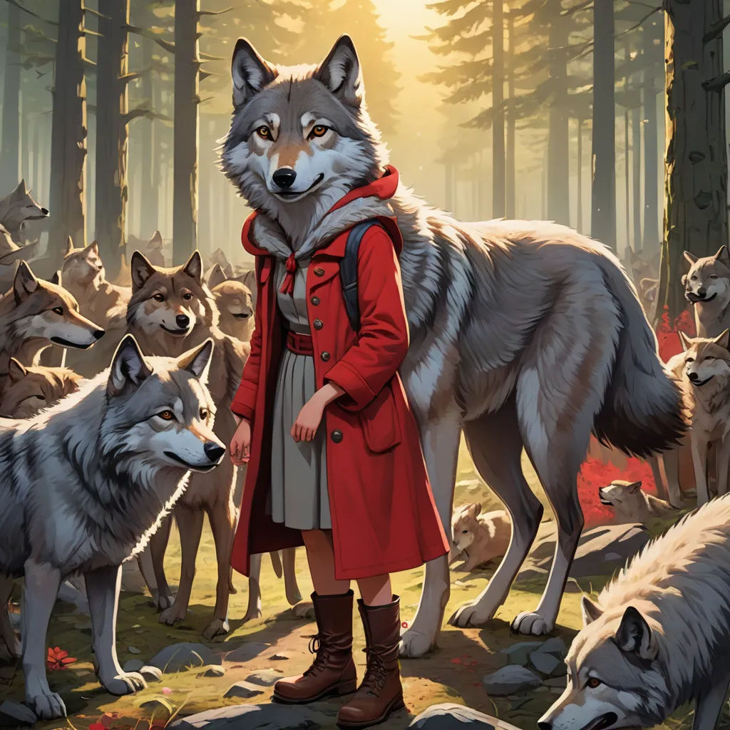 a woman in a red coat standing next to a wolf in a forest with other wolfs in the background, furry art, concept art, Aaron Jasinski, official art