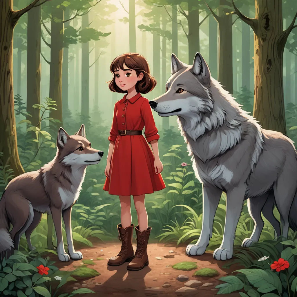 a girl in a red dress standing next to two wolfs in a forest with red flowers and trees, furry art, a storybook illustration, Clarice Beckett, official art