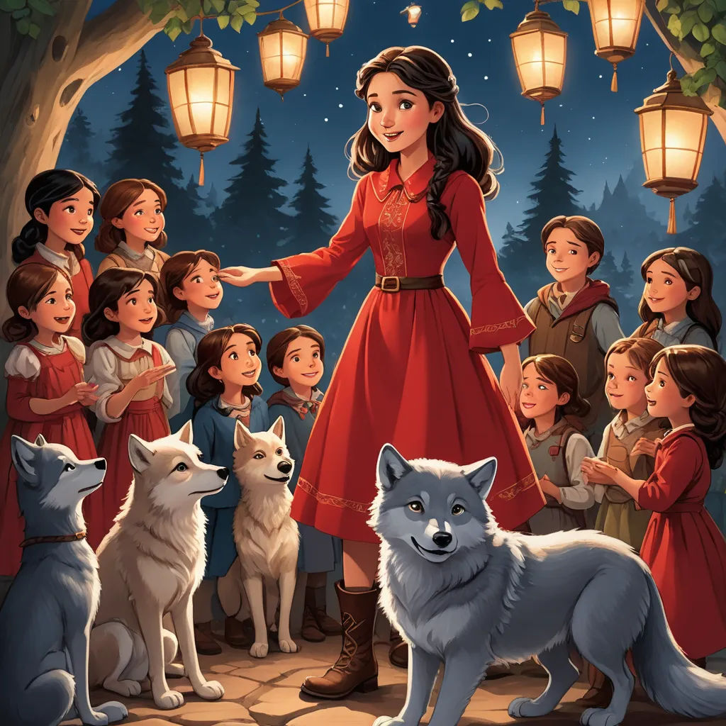 a girl in a red dress standing in front of a group of children and a wolf in front of a lantern, fantasy art, a storybook illustration, Anne Said, official art
