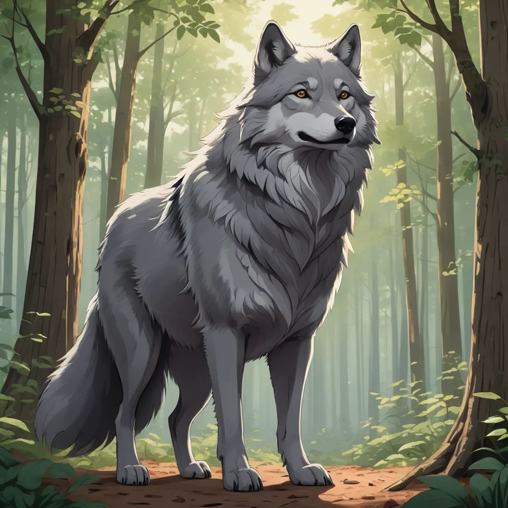 a wolf standing in the middle of a forest with trees and leaves on the ground and a sun shining through the trees, furry art, a character portrait, Brom, official art
