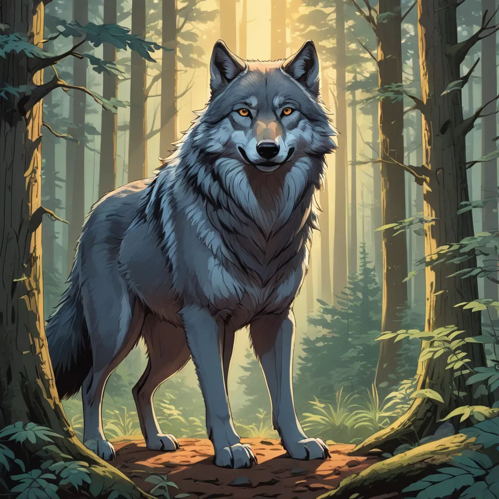 a wolf standing in the middle of a forest with a bright light coming through the trees behind it and a forest floor, furry art, a character portrait, Dan Mumford, official art