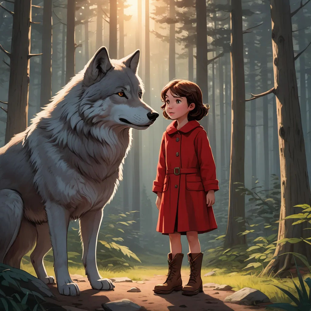 a girl in a red coat standing next to a wolf in a forest with trees and grass on the ground, furry art, a storybook illustration, Aaron Jasinski, promotional image